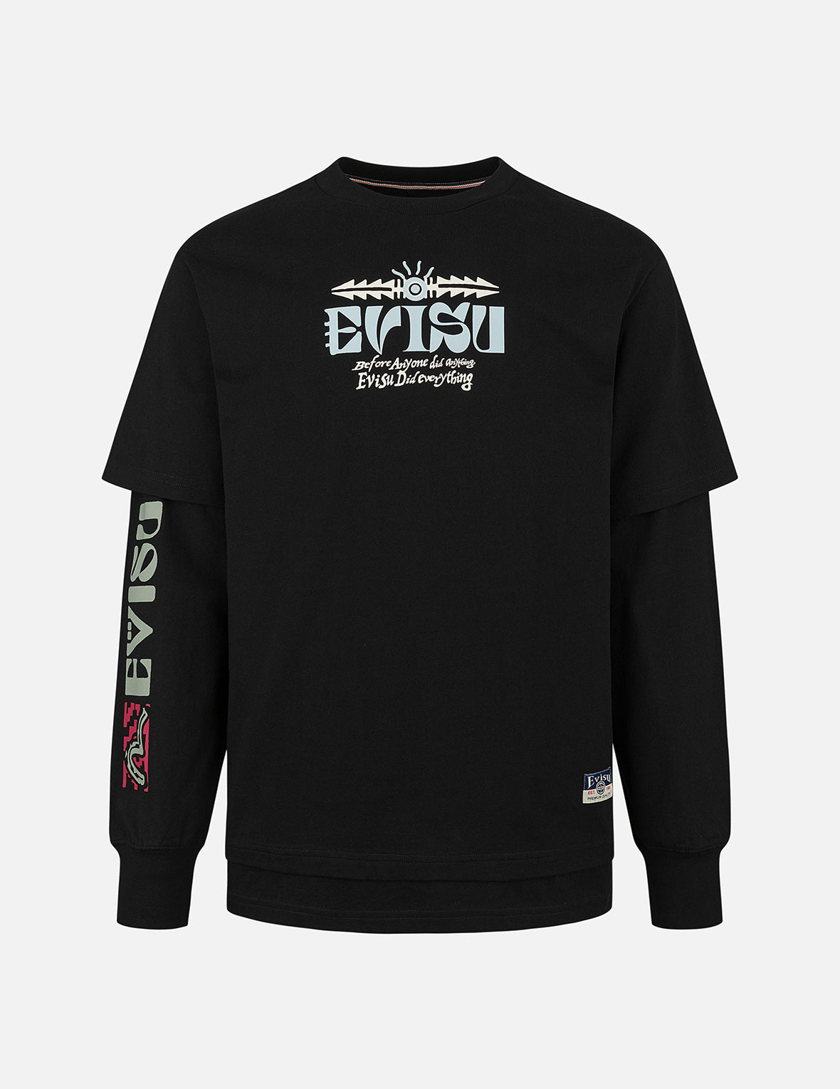 假两件印第安图腾印花宽版休闲长袖T恤